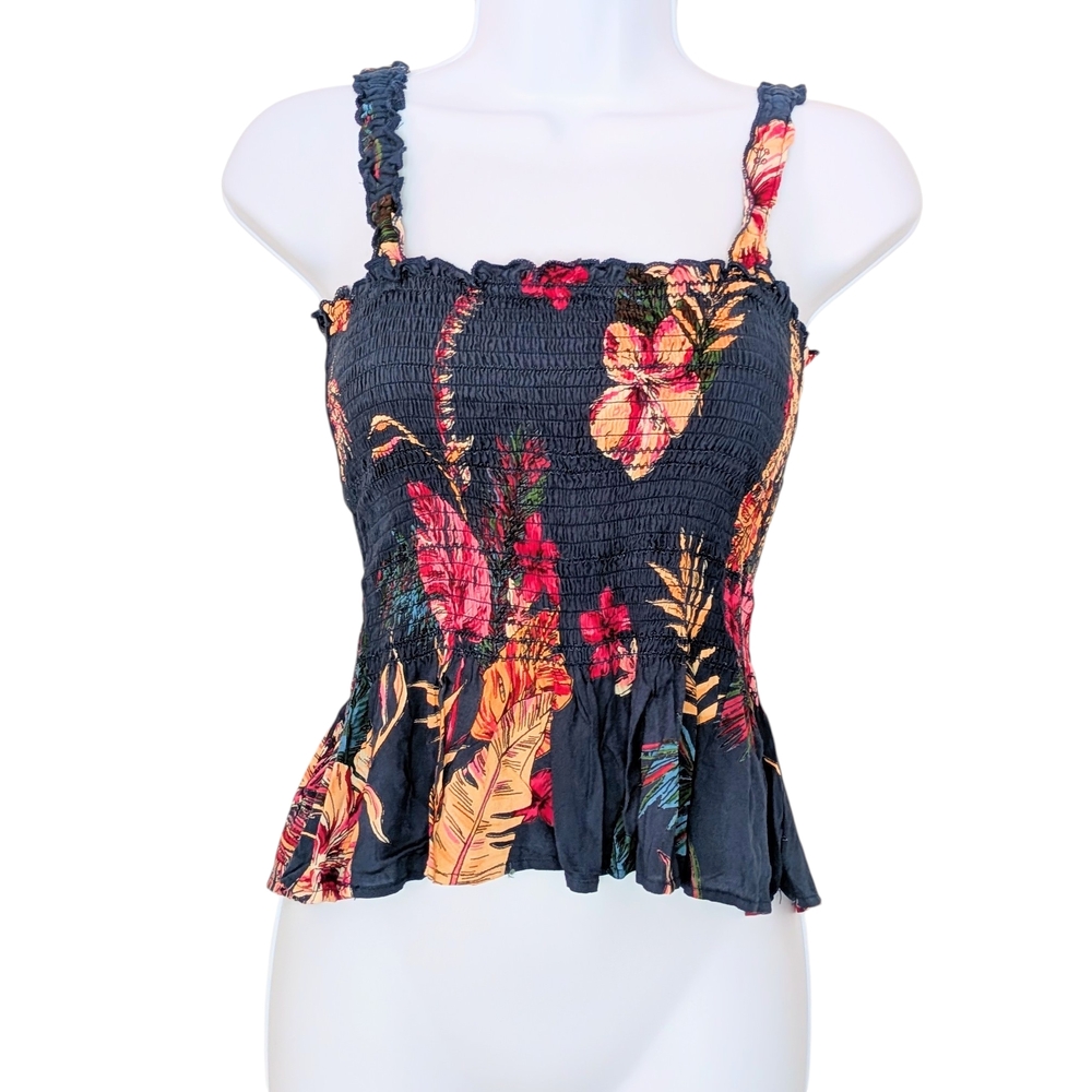 Patrons Of Peace Floral Smocked Dark Green Top